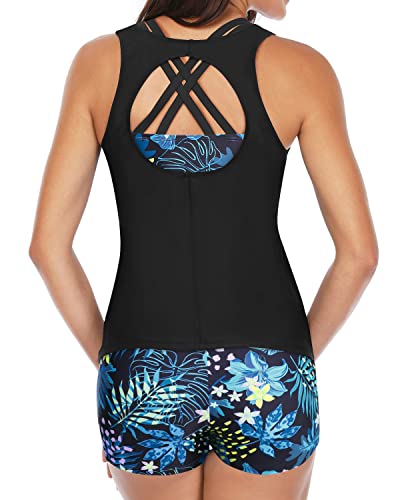 Scoop Neck Tankini And Shorts Set For Women's Beachwear-Leaf