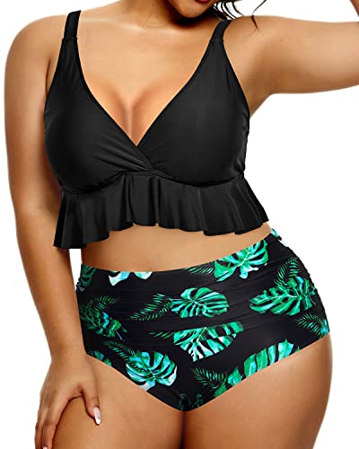 High Rise Flounce Bikini Top And High Waisted Swimsuit Bottom-Black Leaf