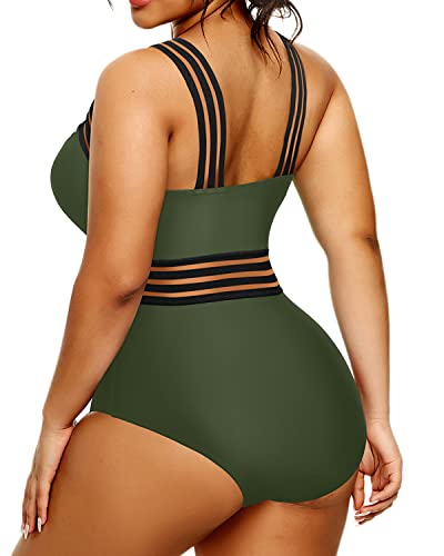 High Neck One Piece Bathing Suits Front Crossover Monokini Swimsuits For Women-Army Green
