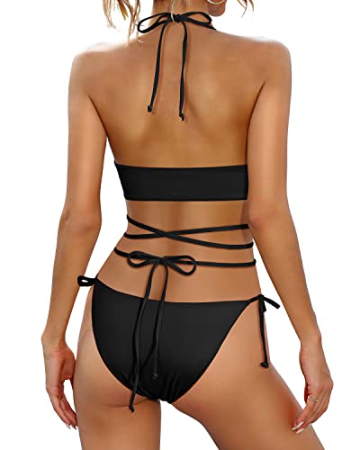 Two Piece Bikini Set Sexy Strappy Swimsuits For Women-Black