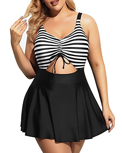 V Neck Swimdress Cutout Bathing Suits For Women-Black And White Stripe