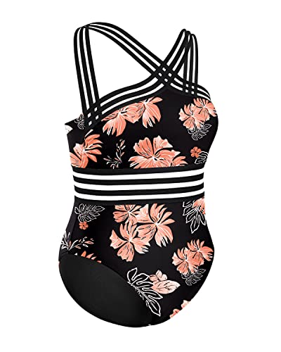 Strapless Monokinis One Piece Swimsuit For Plus Size Women-Black Orange Floral