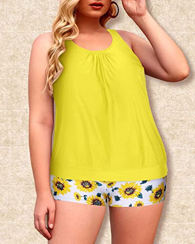 Wirefree Chest Pad Elastic Top Hem Plus Size Swimwear-Yellow And Sunflower
