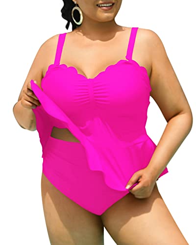 Two Piece Peplum Swimwear For Women Plus Size Scalloped Swimsuits-Neon Pink