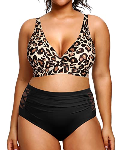 2 Piece Plus Size Bikini High Waisted Swimsuits Tummy Control Swimwear-Black And Leopard