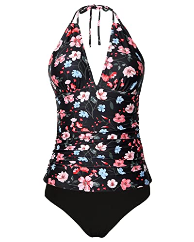 Halter Tankini Swimsuits Tummy Control For Women-Black And Pink Floral