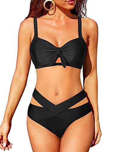 High Waisted Knot Front Bikini Push Up Bra For Teen Girl Bikini-Black