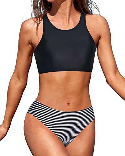 High Neck Bathing Suits Adjustable Straps Swimsuits For Teens-Black Stripe