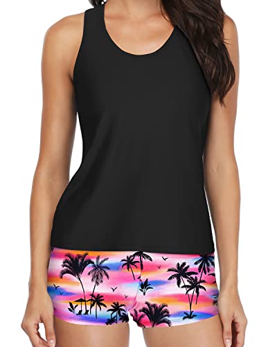 Trendy 3 Piece Athletic Tankini Bathing Suit Boy Shorts For Women-Black Palm Tree