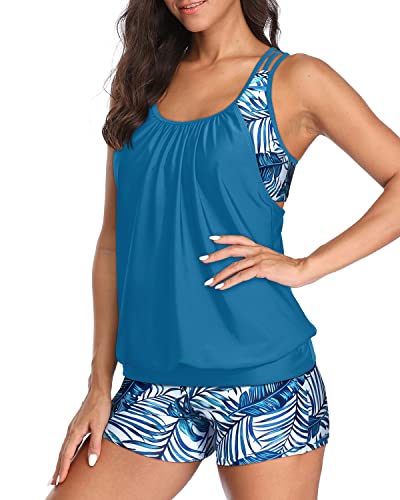 High Waisted Board Shorts Sporty Tankini For Women Tummy Control Top-Blue Leaf