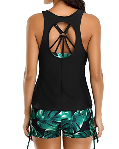 Women's Tank Top Built-In Sports Bra & Mid Waist Boyleg Bottoms-Black Leaf