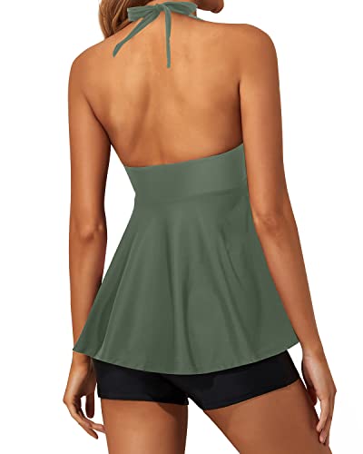 Women's V Neck Tankini Swimsuit Boy Shorts And Flowy Twist Front-Olive Green