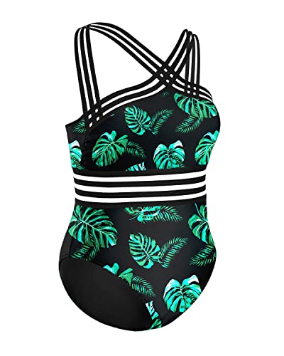 Strapless Monokinis For Slimming Plus Size Swimsuits For Women-Black And Green Leaf