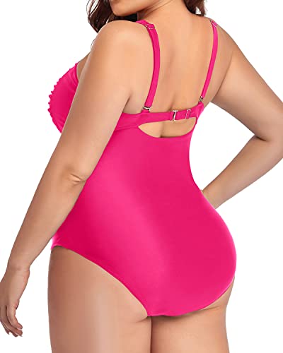 Women's Plus Size One Piece Swimsuit Twist Front Ruched Swimwear-Neon Pink