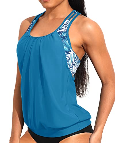 Ladies Double Layer Round Neck Tankini Top Sporty Bathing Suit Top-Blue Leaf