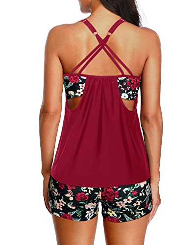 Women Crisscross Back Tankini Boy Shorts Tummy Control Bathing Suits-Red Floral
