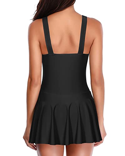 Elegant Pleated Swimdress Swimsuit Dress For Women-Pink And Black