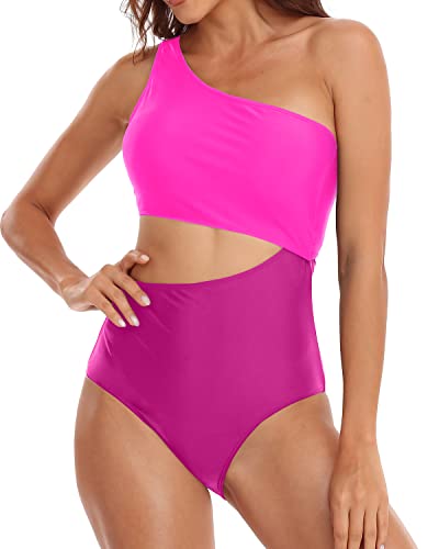 Asymmetric One Shoulder Neckline Cutout One Piece Swimsuits-Phosphor And Dark Pink