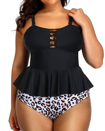 Lace Up Modest Coverage Plus Size Swimsuits For Women-Black And Leopard
