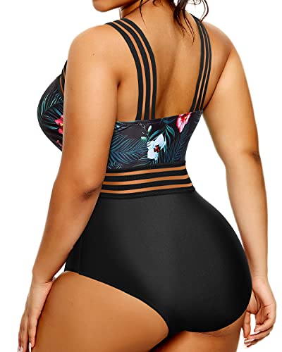 Strapless Tummy Control Bathing Suit Plus Size One Piece Swimsuit-Black Floral