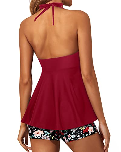 Padded Push Up Bra Tankini Swimsuits For Women Shorts-Red Floral
