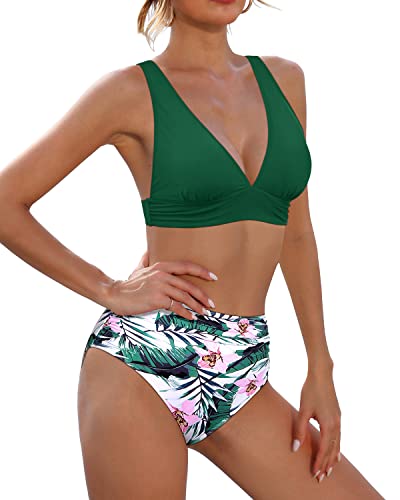 V Neck High Waisted Two Piece Swimsuit Tummy Control Bathing Suit-Green Tropical Floral