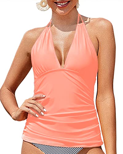 Charming Adjustable Backless Self Tie Tankini Tops For Women Swimwear-Coral Pink