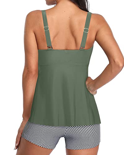 Elegant Pleated V Neck Tankini Swimsuits Shorts For Women-Army Green
