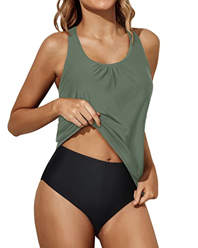 Blouson Two Piece Tankini Swimsuits Women Tummy Control Bathing Suits-Olive Green