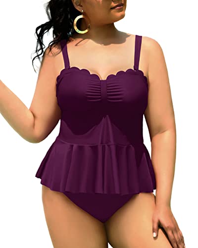 Peplum Tankini Top And High Waisted Swim Bottom Swimsuits For Curvy Women-Maroon