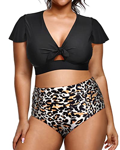 Womens Vintage Swimsuit Ruffle Sleeve High Waisted Bikini-Black And Leopard