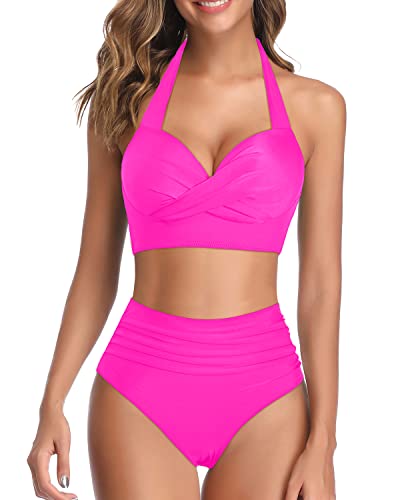 Push Up Womens 2 Piece High Waisted Bikini Retro Halter Twist Front Swimsuit-Neon Pink