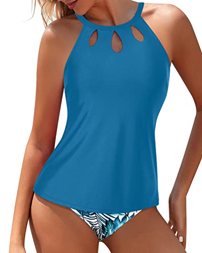Backless Tankini Set Halter Top & Tummy Control Bottoms For Women-Blue Leaf