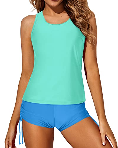 Sexy Criss Cross Straps Backless Tankini Set For Women-Blue Green