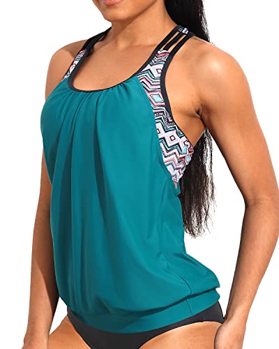 Ladies Blouson Tankini Top Double Up Swim Top Sporty Bathing Suit Top-Green Geometric