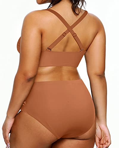 Women's Plus Size High Waisted Two Piece Bikini Bathing Suits Tummy Control-Brown