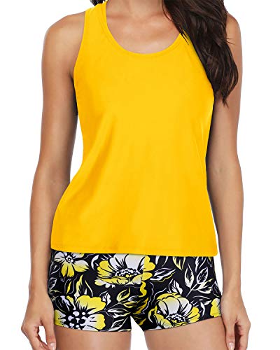 Flattering Tummy Control Tankini Swimsuits Shorts-Yellow Floral