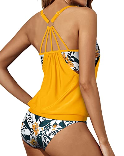 O-Ring Back Sports Bra Tankini Swimsuits For Women-Yellow Floral
