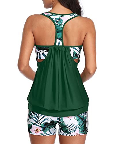 Modest Coverage Tankini Swimsuits T-Back Blouson Tops And Boy Shorts-Green Tropical Floral