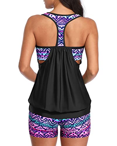 Ladies Athletic Two Piece Tankini Suits Racerback Tankini-Black And Tribal Purple