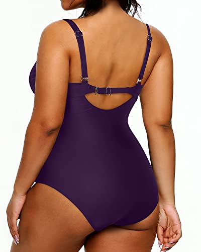 Women's Slimming One Piece V-Neck Plus Size Swimsuits-Dark Purplish Red