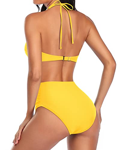 V-Neck Halter Twist Front Two-Piece High Waisted Bathing Suit-Neon Yellow