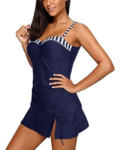 Women's Two Piece Slimming Tummy Concealing Tankini Skirt-Blue