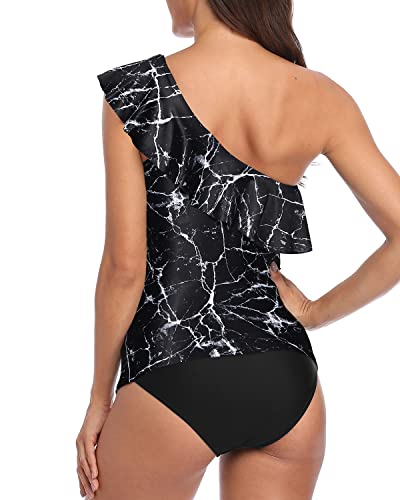 Women's One Shoulder Tankini Tummy Control Bathing Suits Ruffle Swimwear-Black Marble