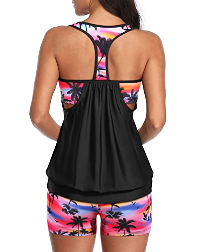 Sporty T-Back Tankini Swimwear Boy Shorts For Women-Black Conut Tree