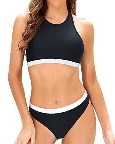 High Neck Sporty Bikini Tops Athletic Two Piece Swimsuits For Teen Girls-Black And White