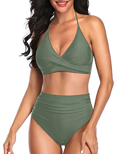 Sexy Twist Front Bikini Halter Top & Tummy Control Swimsuits Two Piece-Olive Green