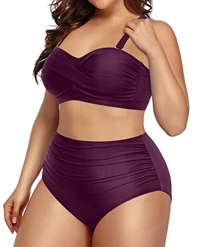 Twist-Front Plus Size Tummy Control Two Piece Swimsuits Bandeau Bikini Set-Maroon