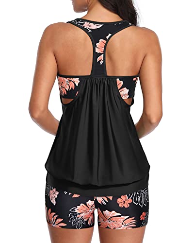 Sporty Tummy Control Boyshorts Tankini Swim Top Athletic Two Piece Swimsuits-Black Floral