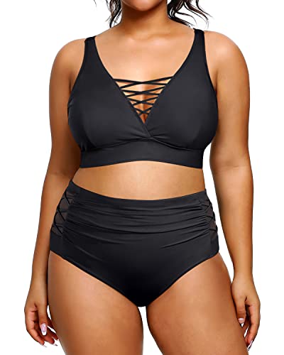 Plus Size Bikini High Waisted Swimsuits Two Piece Bathing Suits-Black